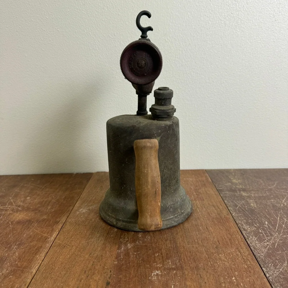 1940s Otto Bernz brass blowtorch wood handle Rochester NY Rusty Man Cave Decor